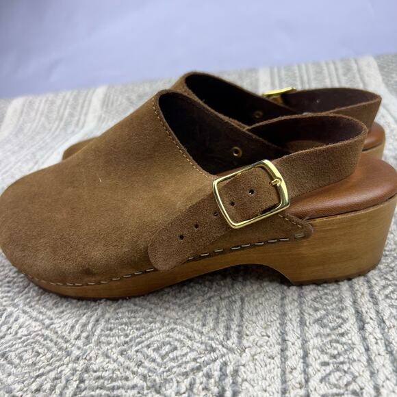Anthropologie Brown Suede Wooden Platform Clog Sandals, Adjustable Buckle Strap - Picture 8 of 10